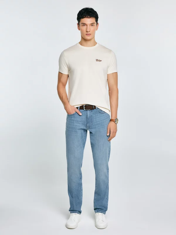 Koszulka męska z haftem na piersi kremowa Serer 103