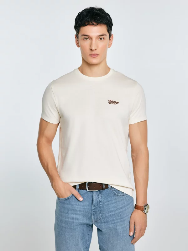 Koszulka męska z haftem na piersi kremowa Serer 103