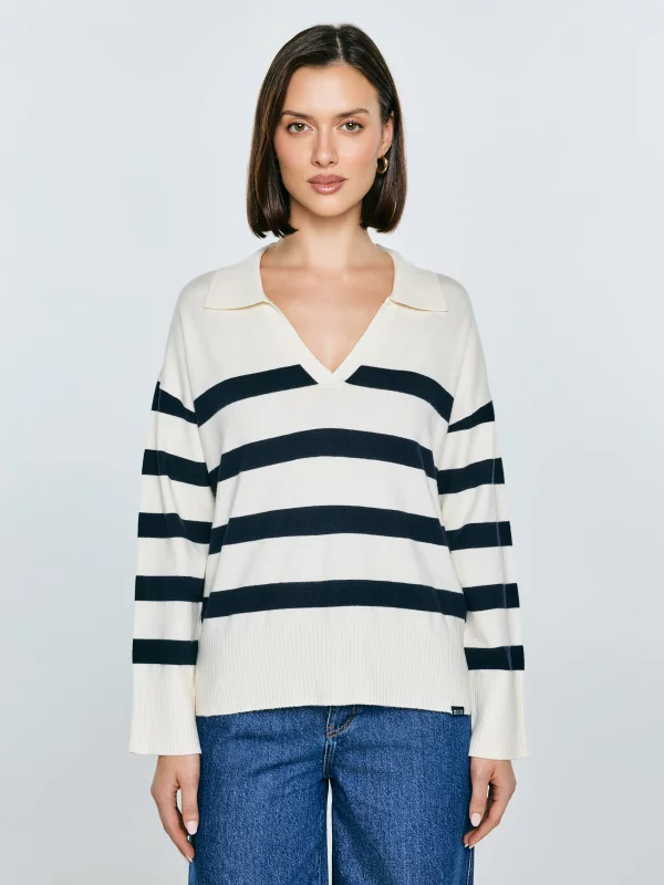 Sweter damski polo w pasy kremowo-czarne Alina 100