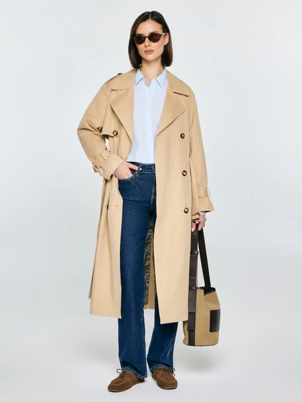 Trencz damski dwurzędowy z paskiem beżowy Retinsa 801