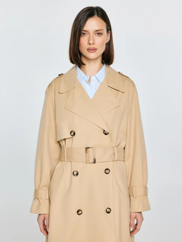 Trencz damski dwurzędowy z paskiem beżowy Retinsa 801