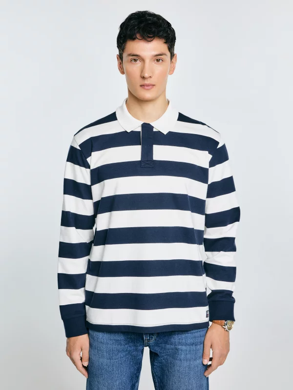 Koszulka męska polo z długim rękawem w pasy granatowo-białe Miker 100