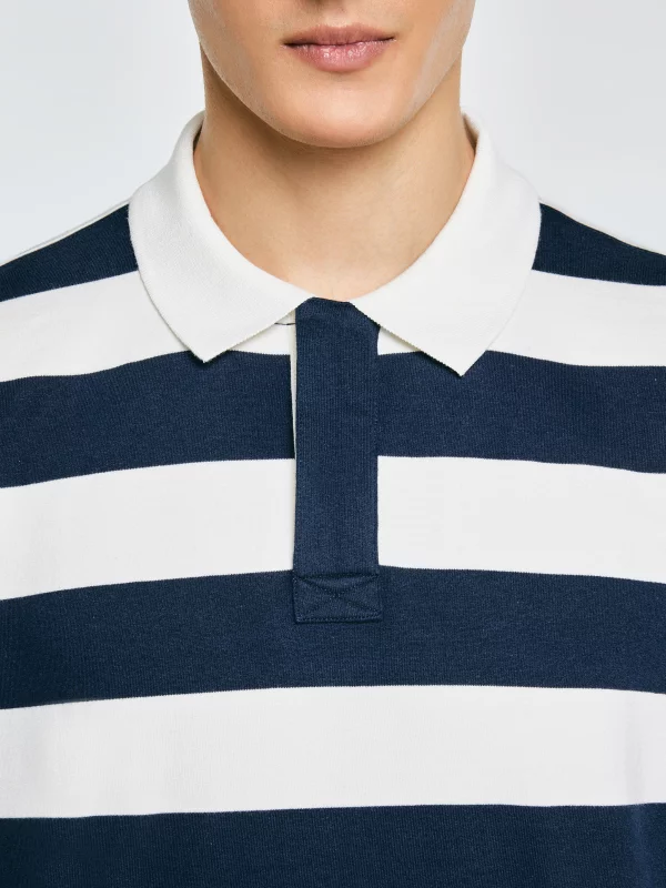 Koszulka męska polo z długim rękawem w pasy granatowo-białe Miker 100