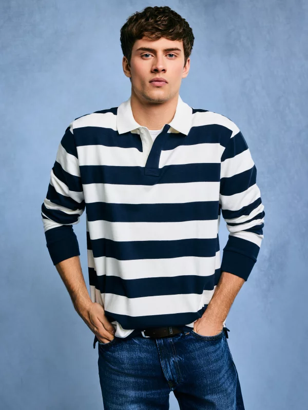 Koszulka męska polo z długim rękawem w pasy granatowo-białe Miker 100