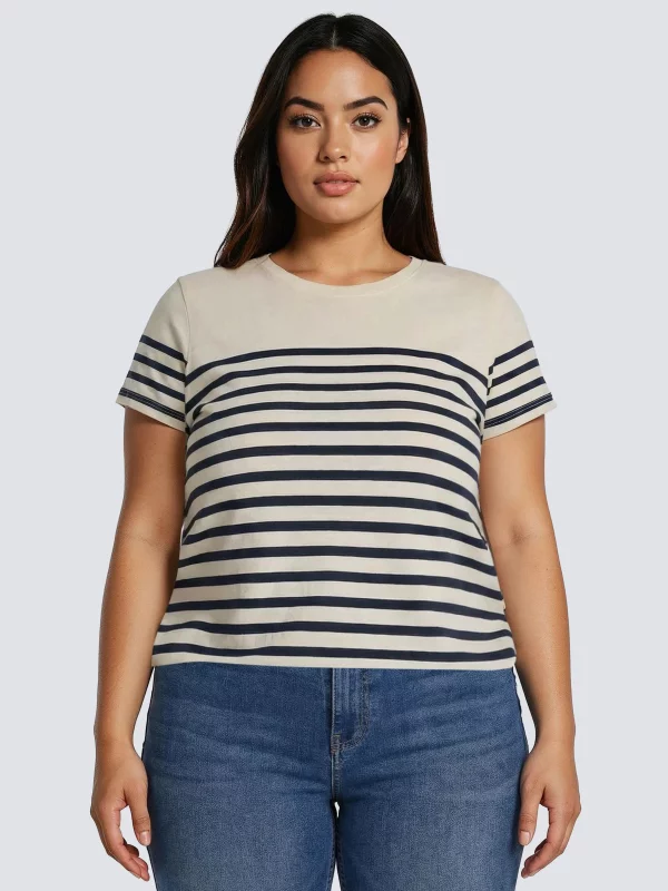 Koszulka damska w paski granatowo-beżowa Norisa 403