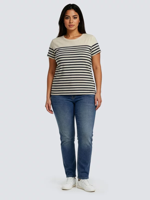 Koszulka damska w paski granatowo-beżowa Norisa 403