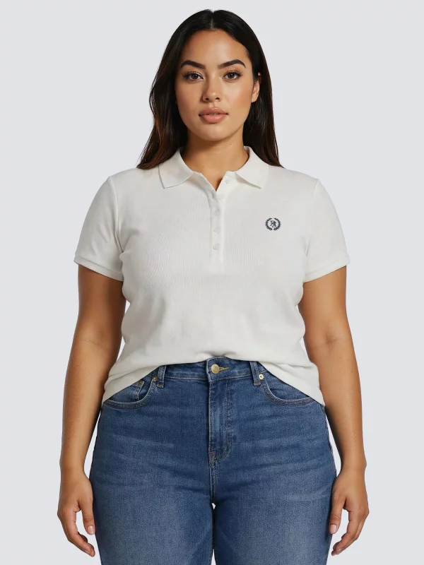 Koszulka damska polo slim w prążek biała Rella 100