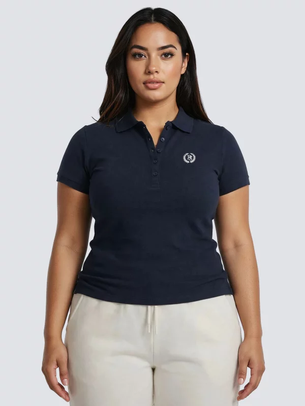 Koszulka damska polo slim w prążek granatowa Rella 403