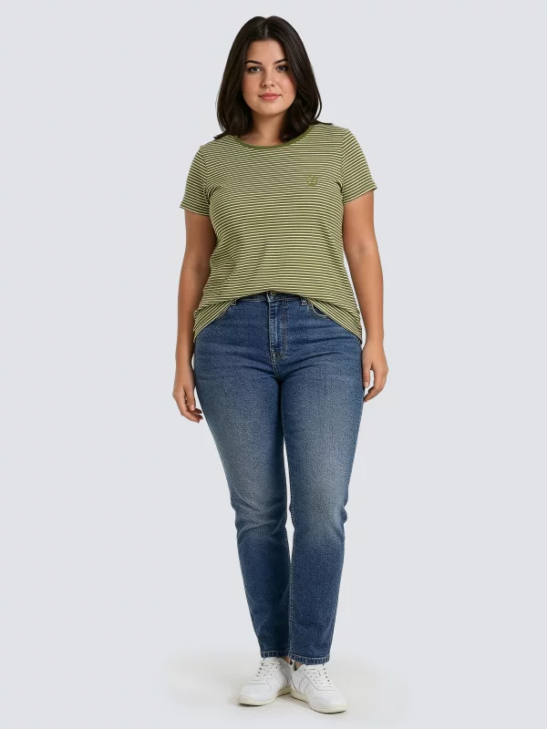 Koszulka damska w paski z haftem zielona Zenaisa 301