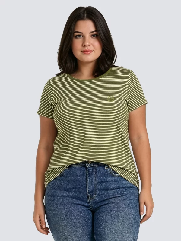 Koszulka damska w paski z haftem zielona Zenaisa 301