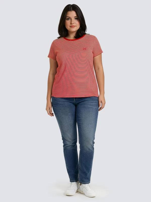 Koszulka damska w paski z haftem czerwona Zenaisa 603