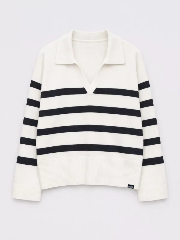 Sweter damski polo w pasy kremowo-czarne Alina 100