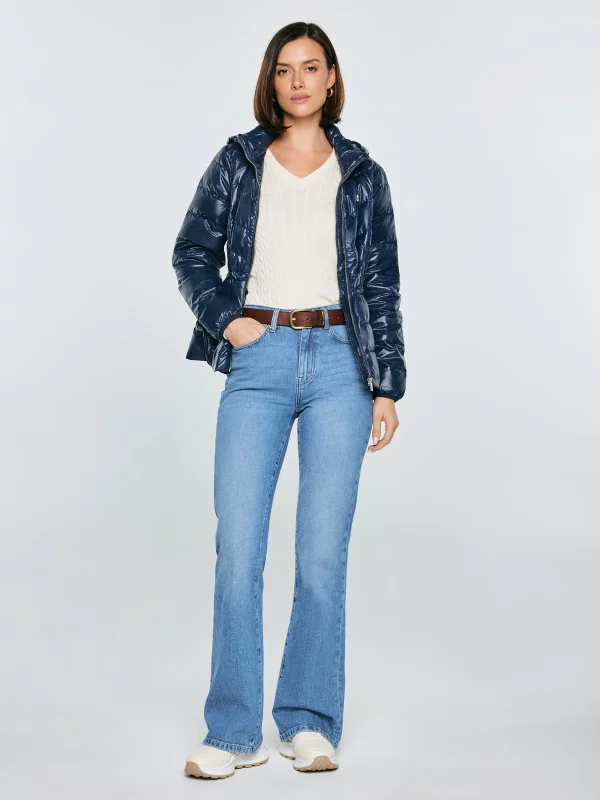 Kurtka damska puchowa z gumką w talii z kapturem granatowa Anissa 403