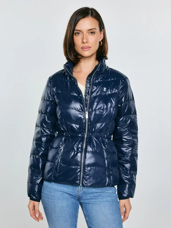 Kurtka damska puchowa z gumką w talii z kapturem granatowa Anissa 403