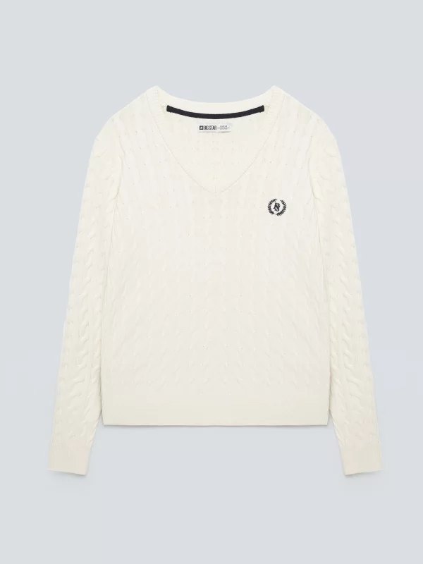 Sweter damski ze splotem warkoczowym z dekoltem v-neck kremowy Nisa 100