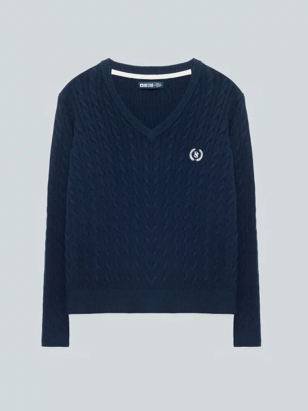 Sweter damski ze splotem warkoczowym z dekoltem v-neck granatowy Nisa 403