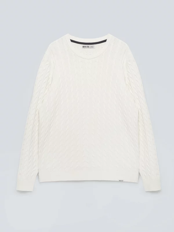 Sweter męski ze splotem warkoczowym i haftem kremowy Niser 100