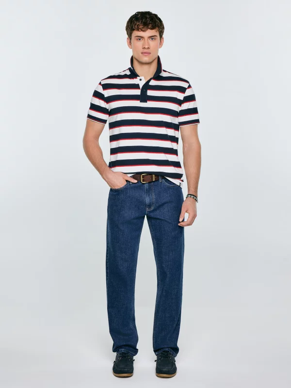 Koszulka męska polo w paski granatowo-biała Seulis 100
