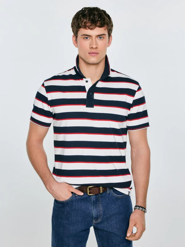 Koszulka męska polo w paski granatowo-biała Seulis 100