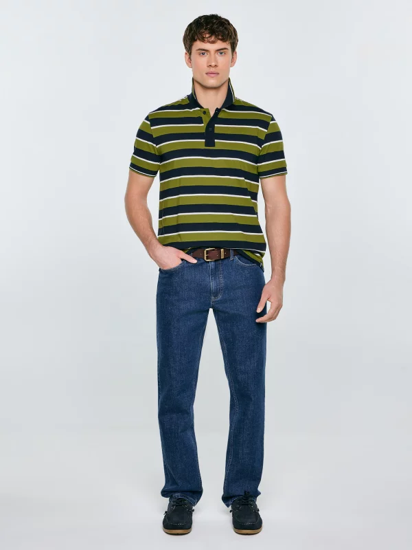 Koszulka męska polo w paski granatowo-zielona Seulis 301