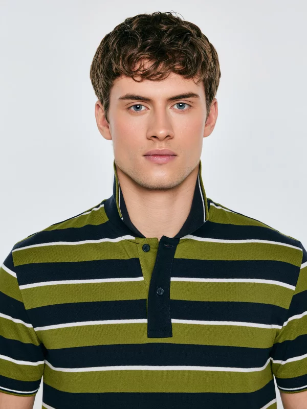 Koszulka męska polo w paski granatowo-zielona Seulis 301