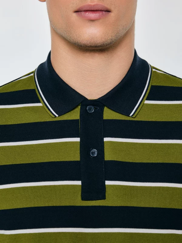 Koszulka męska polo w paski granatowo-zielona Seulis 301