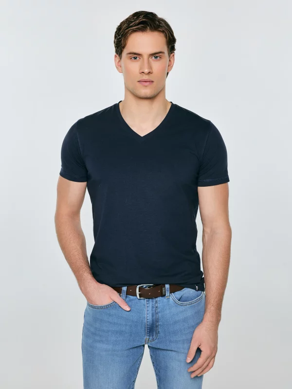 Koszulka męska slim v-neck z bawełny supima granatowa Supiclassicov 403
