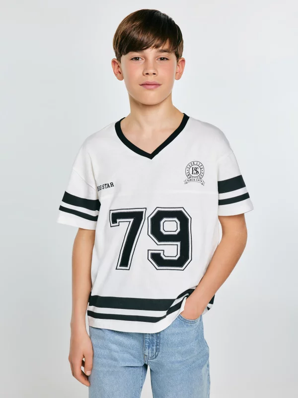 Koszulka chłopięca z nadrukiem w stylu college biała Kiker 100