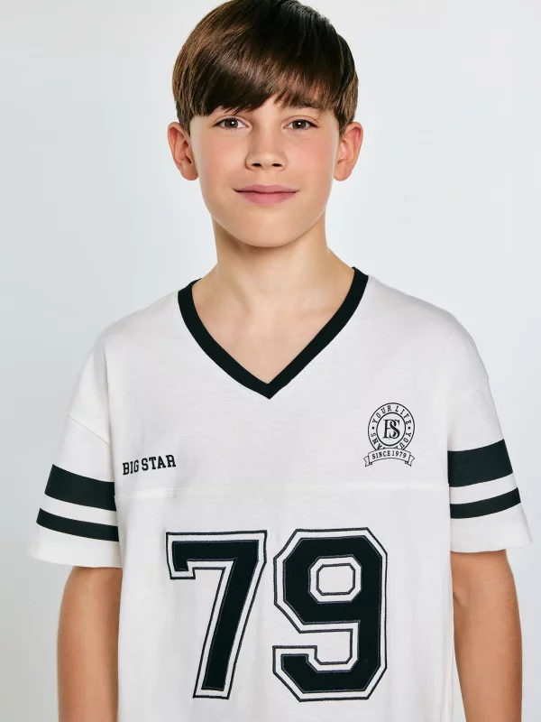 Koszulka chłopięca z nadrukiem w stylu college biała Kiker 100