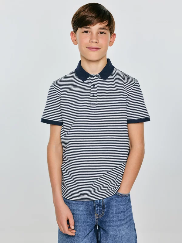 Koszulka chłopięca polo w paski granatowa Fiker 403
