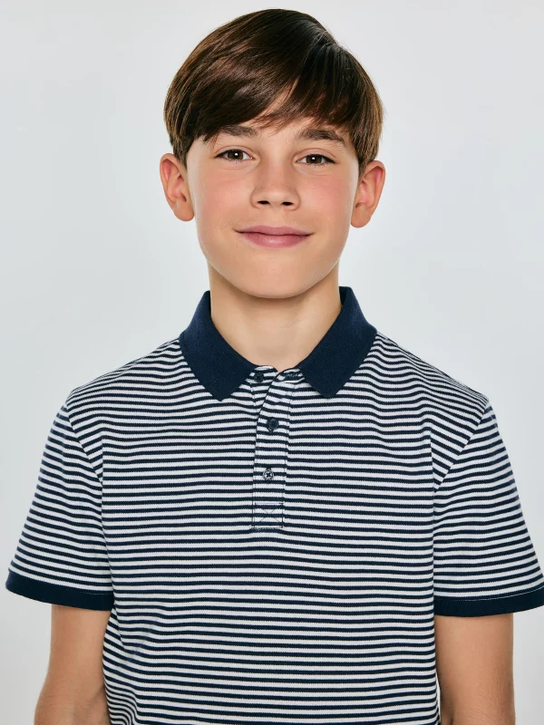 Koszulka chłopięca polo w paski granatowa Fiker 403