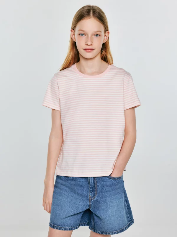 Koszulka dziewczęca w paski różowa Mica 600