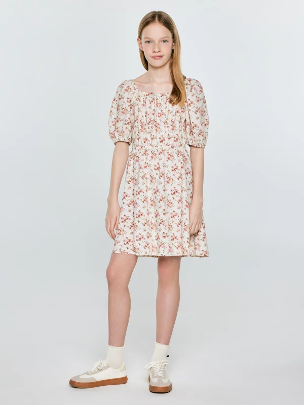 Sukienka dziewczęca z wiskozy w kwiatowy wzór perłowa Radojka 103