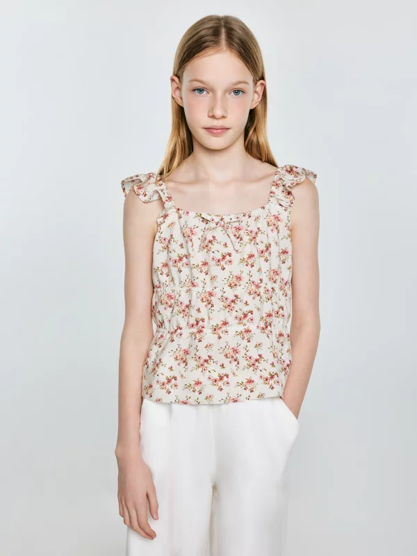 Bluzka dziewczęca z kwiatowym nadrukiem perłowa Weria 103