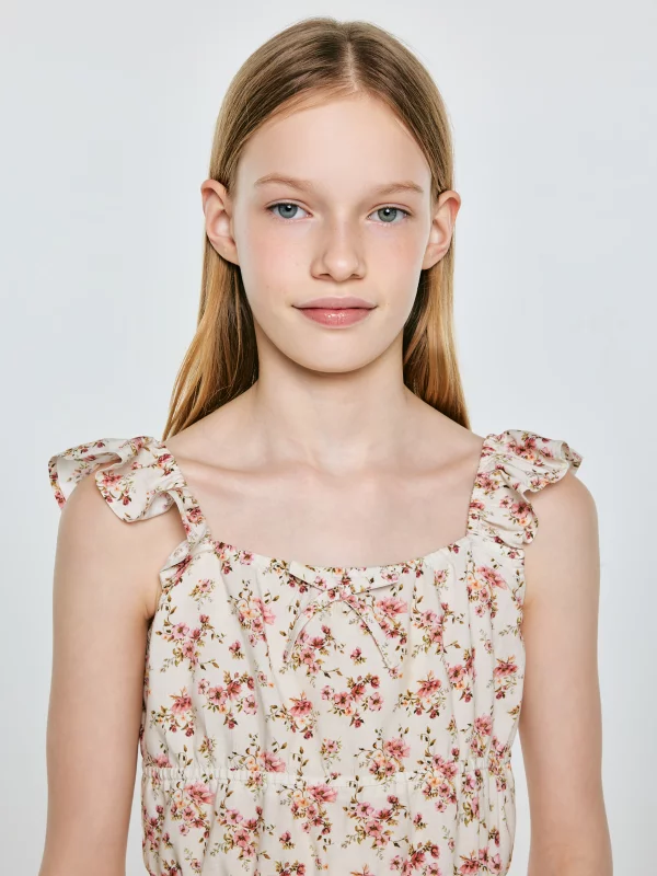 Bluzka dziewczęca z kwiatowym nadrukiem perłowa Weria 103