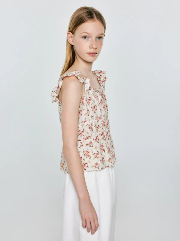 Bluzka dziewczęca z kwiatowym nadrukiem perłowa Weria 103
