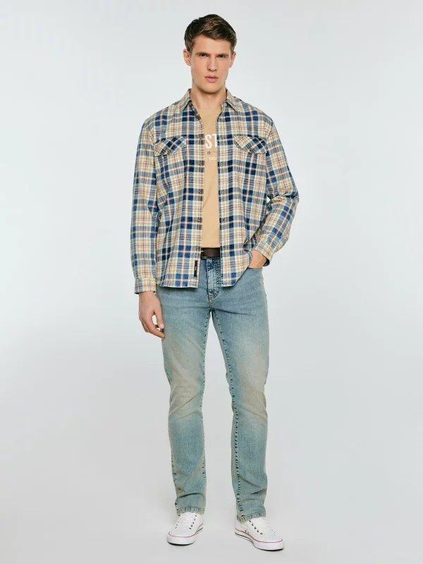 Koszula męska bawełniana w kratę beżowo-granatowa Kolisew 800