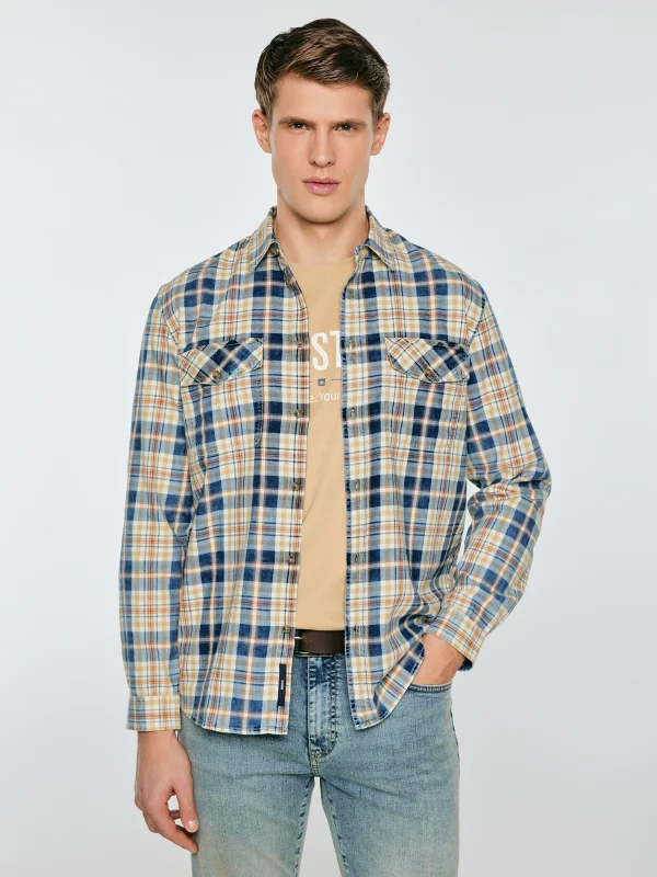 Koszula męska bawełniana w kratę beżowo-granatowa Kolisew 800