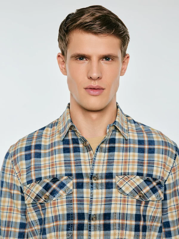 Koszula męska bawełniana w kratę beżowo-granatowa Kolisew 800