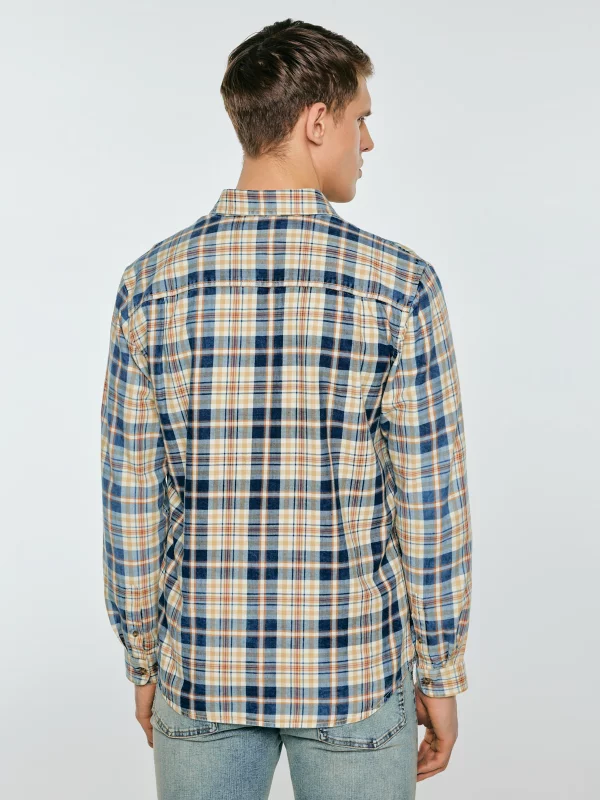 Koszula męska bawełniana w kratę beżowo-granatowa Kolisew 800