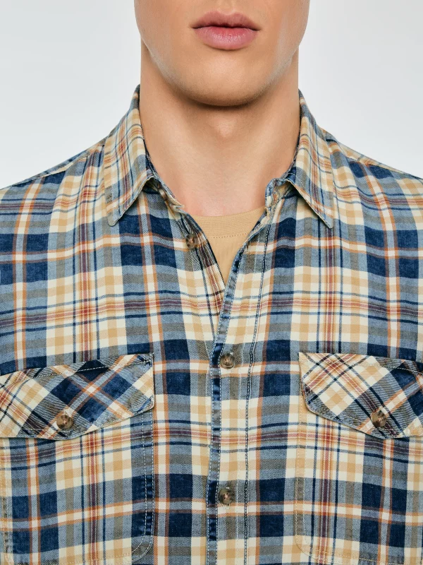 Koszula męska bawełniana w kratę beżowo-granatowa Kolisew 800