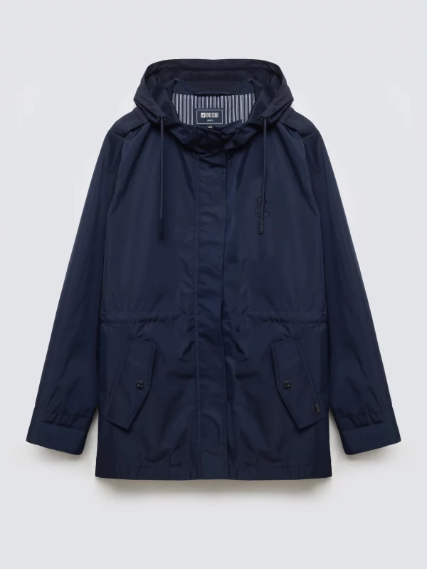 Kurtka damska przeciwdeszczowa z regulacją w talii z kapturem granatowa Lisa 403