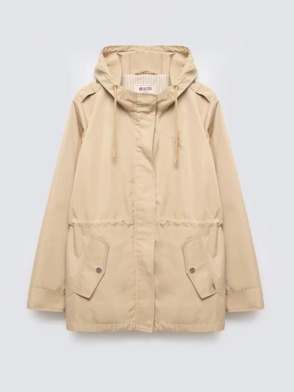 Kurtka damska przeciwdeszczowa z regulacją w talii z kapturem beżowa Lisa 801