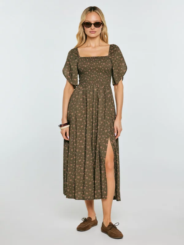 Sukienka damska midi z wiskozy z motywem kwiatowym khaki Bler 303