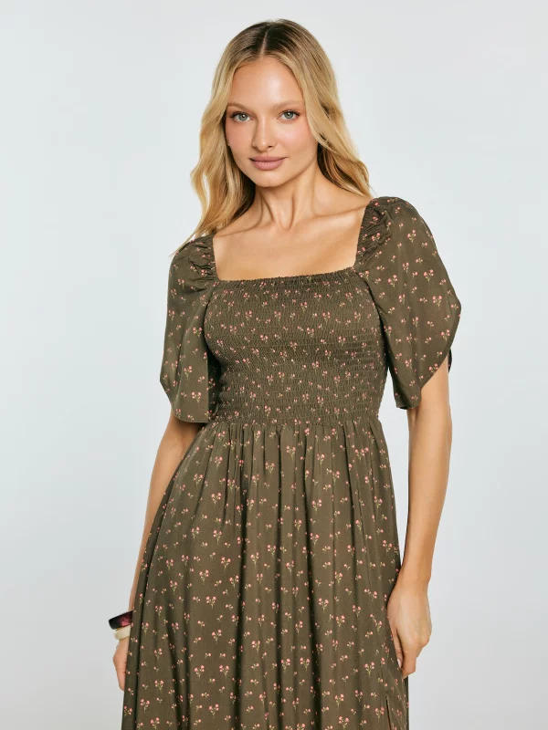 Sukienka damska midi z wiskozy z motywem kwiatowym khaki Bler 303