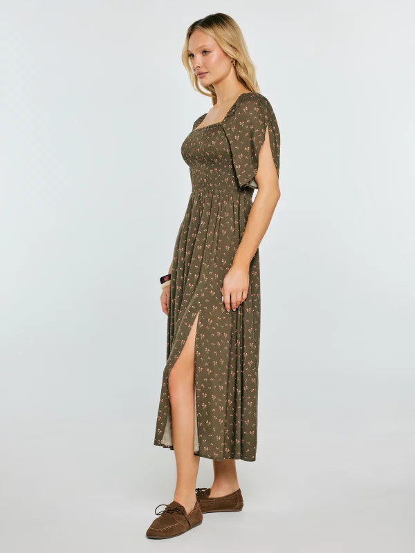 Sukienka damska midi z wiskozy z motywem kwiatowym khaki Bler 303