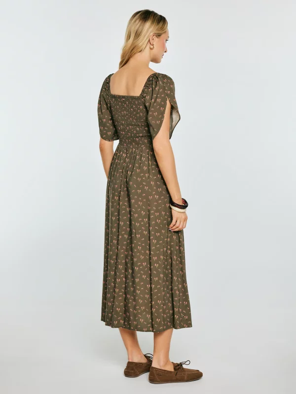 Sukienka damska midi z wiskozy z motywem kwiatowym khaki Bler 303