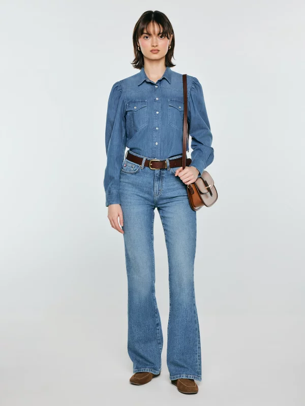 Koszula damska jeansowa z bufkami niebieska Indiana 164