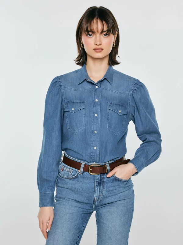 Koszula damska jeansowa z bufkami niebieska Indiana 164