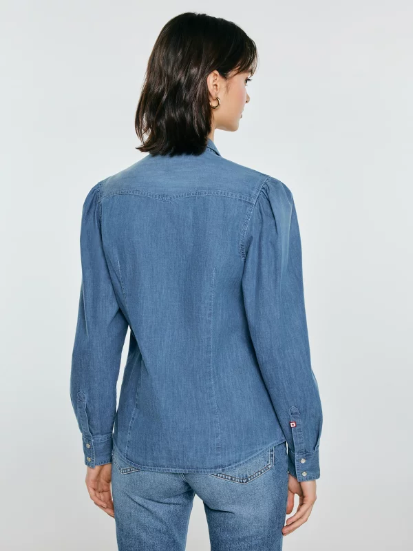 Koszula damska jeansowa z bufkami niebieska Indiana 164